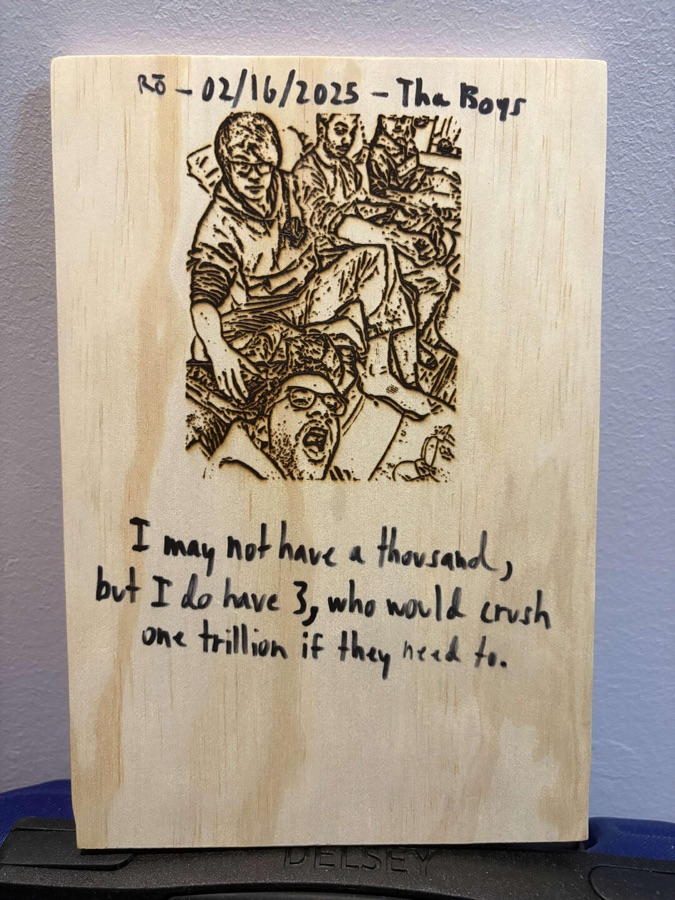 Engraved photo board of a group of friends with a handwritten dedication